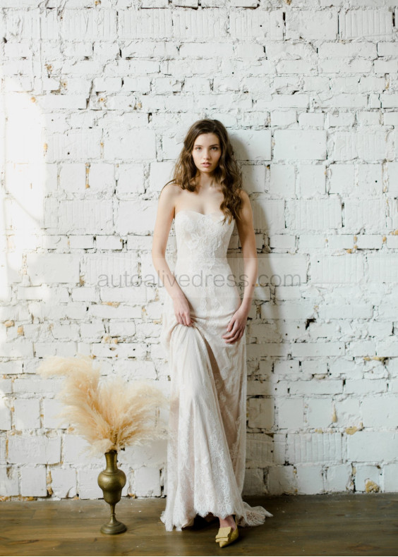 Strapless Ivory Lace Wedding Dress With Champagne Lining